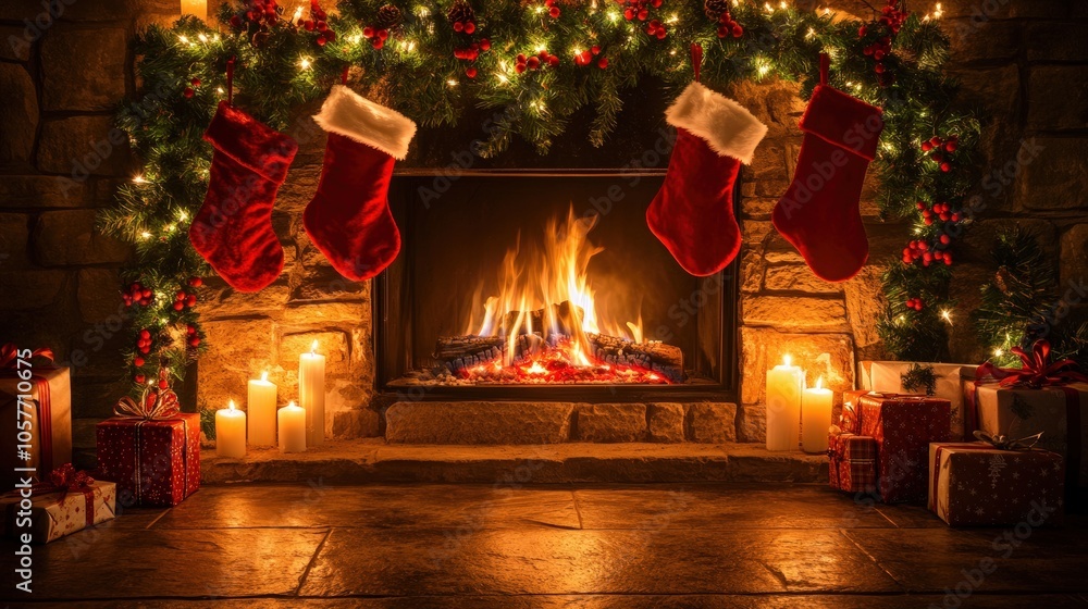 Serene christmas fireplace scene with festive stockings and holiday decorations for cozy winter ambiance. Serene christmas fireplace scene with festive stockings and holiday decorations for cozy winter ambiance.