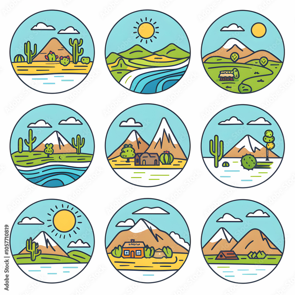 Nine colorful circular icons depicting different landscape scenes featuring mountains, cacti, rivers, and clouds. Nine colorful circular icons depicting different landscape scenes featuring mountains, cacti, rivers, and clouds.