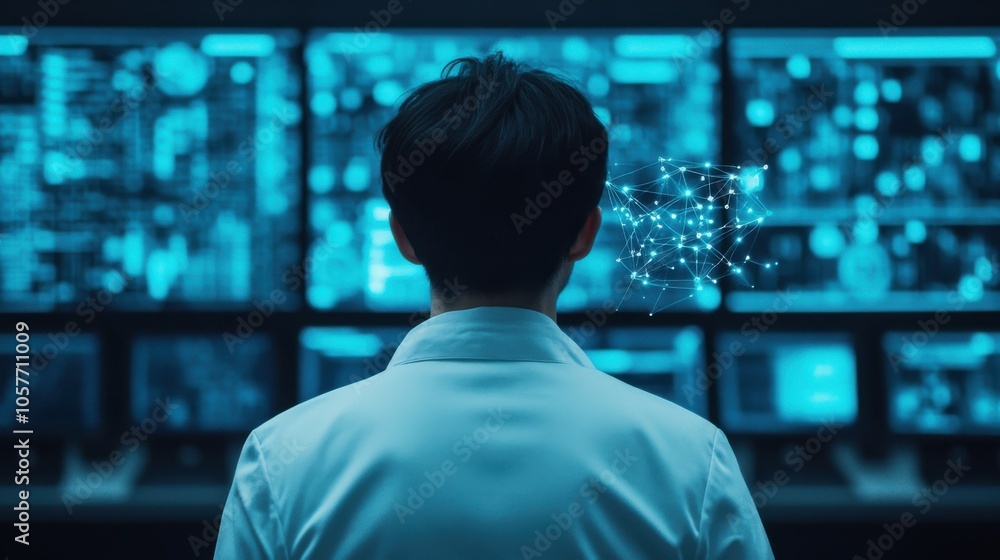 Scientist in Lab Surrounded by Digital Screens Scientist in Lab Surrounded by Digital Screens