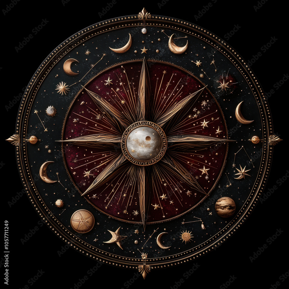 Obraz premium A cosmic mandala with starburst patterns, crescent moons, and planetary shapes creating a celestial, mystical look