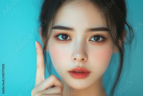 lack of sleep problem, Worried Asian young woman pointing finger at dark circles under her eyes, Generative AI