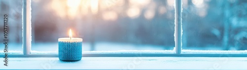 Frostcovered windows with a candle glowing inside, warm and cozy winter evening photo