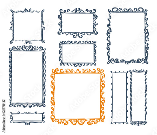 Frames in the old style.  Retro Hand-drawn illustration. Vector
