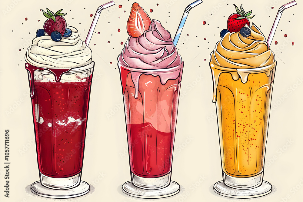 Three colorful milkshakes with whipped cream and fruit toppings. Three colorful milkshakes with whipped cream and fruit toppings.