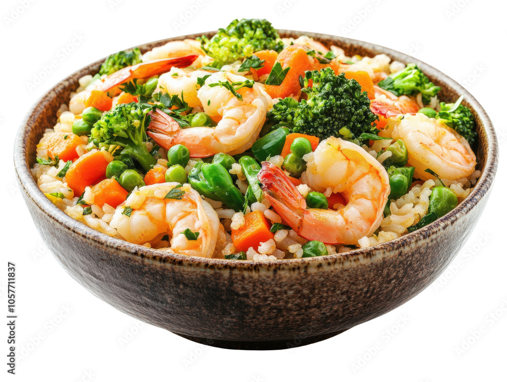 Shrimp and vegetable stir-fry in a dark bowl, white isolated background. Shrimp and vegetable stir-fry in a dark bowl, white isolated background.