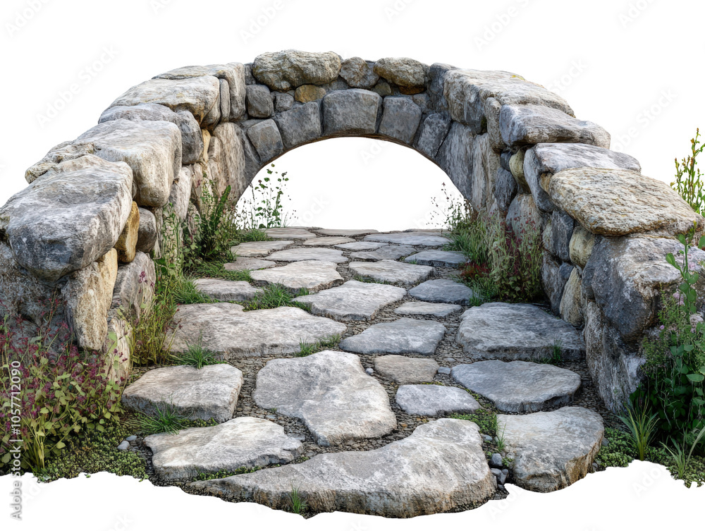 Stone arch bridge with pathway, surrounded by grass, white isolate background