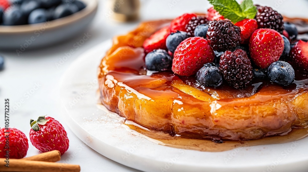 Crispy Tarte Tatin with caramelized edges on a white marble plate, with fresh berries and cinnamon sticks Crispy Tarte Tatin with caramelized edges on a white marble plate, with fresh berries and cinnamon sticks