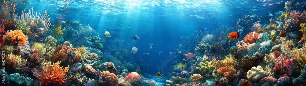Naklejka premium Underwater coral reef with colorful fish swimming through