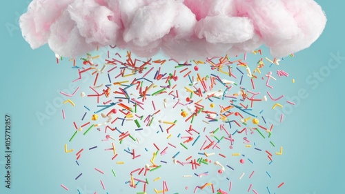 Fluffy pink cloud raining sprinkles on light blue background, festive art