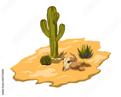 Isometric desert scene with cactuses and bull skull. Western isolated landscape. Cartoon mexican valley. Yellow sand dune