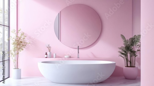 Modern bathroom with freestanding bathtub and round mirror