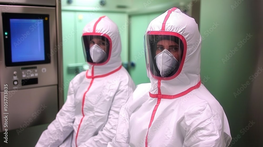 Two individuals in protective suits and masks inside a laboratory setting. Two individuals in protective suits and masks inside a laboratory setting.
