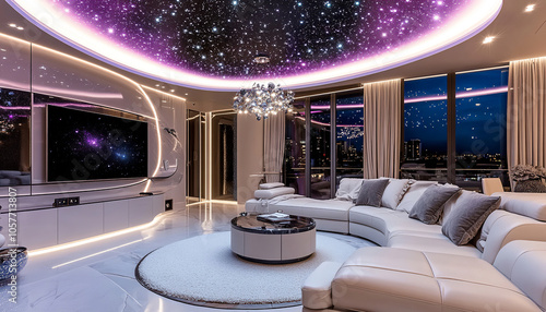 Interior design photography, a spacious modern living room made of white leather,
with bright LED lights, large windows displaying stars outside, a layered ceiling
double room with LED lighting, a lar