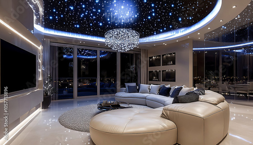 Interior design photography, a spacious modern living room made of white leather,
with bright LED lights, large windows displaying stars outside, a layered ceiling
double room with LED lighting, a lar photo