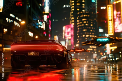 Futuristic night cityscape with neon lights and sleek sports car in focus