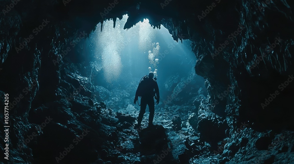 Obraz premium Diver Exploring Mysterious Underwater Cave