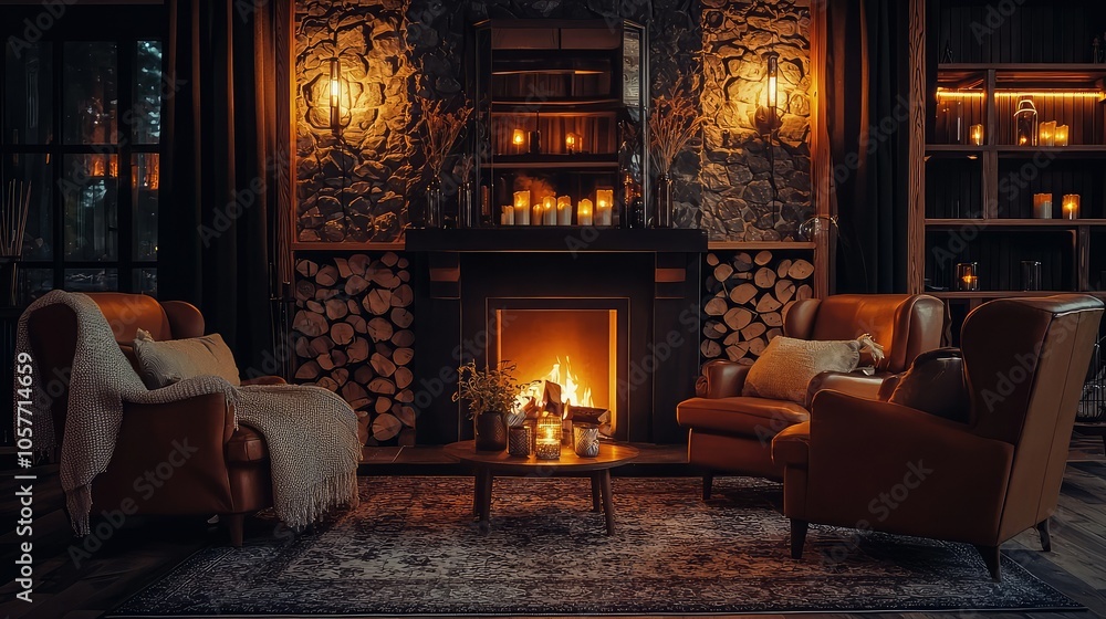 Cozy Luxury Lounge with Dim Lighting and Fireplace Cozy Luxury Lounge with Dim Lighting and Fireplace