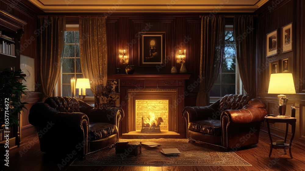 Cozy Luxury Lounge with Dim Lighting and Fireplace Cozy Luxury Lounge with Dim Lighting and Fireplace