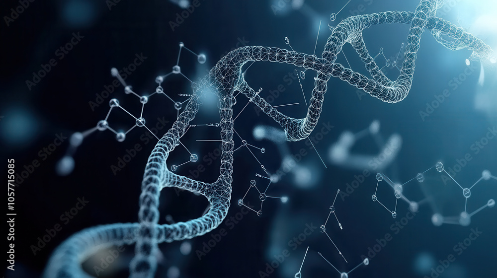 Three dimensional DNA structure with molecular connections and medical icons, showcasing complexity of genetic material and its significance in biology and medicine Three dimensional DNA structure with molecular connections and medical icons, showcasing complexity of genetic material and its significance in biology and medicine