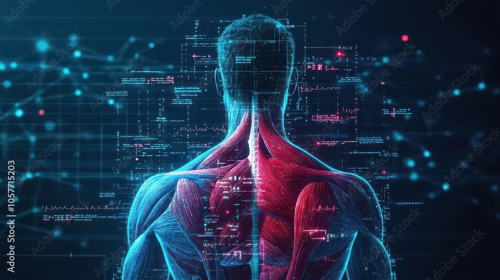 Hologram of a human body displaying muscle groups, neon blue and red, digital, futuristic medical illustration, clear and precise Hologram of a human body displaying muscle groups, neon blue and red, digital, futuristic medical illustration, clear and precise