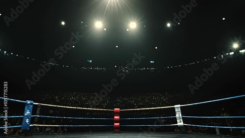A boxing ring is illuminated by bright lights in front of a large crowd