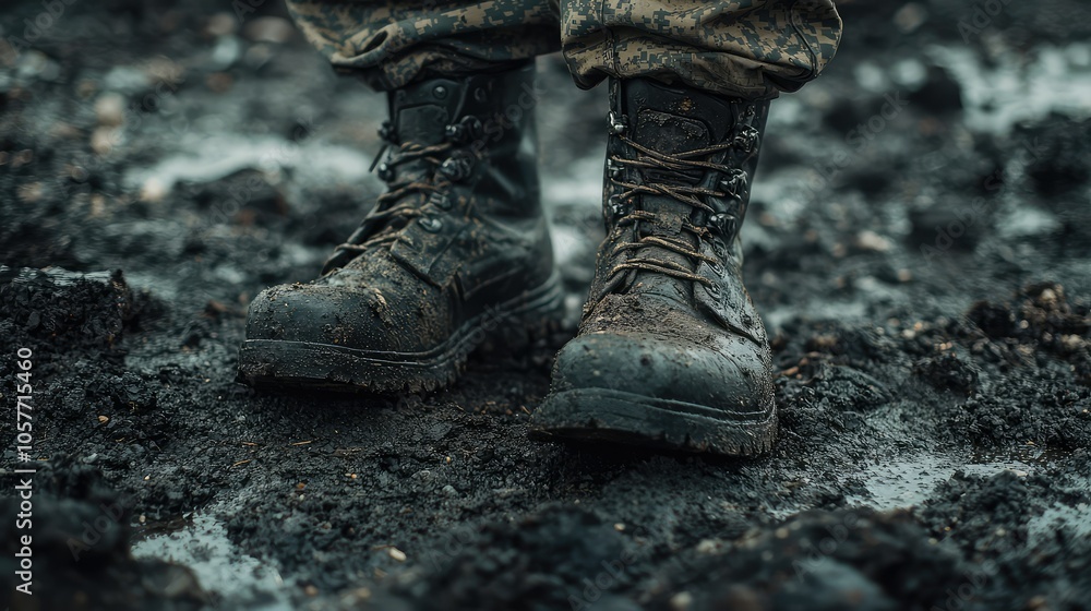 Close-Up of Worn Army Boots on Rugged Terrain Close-Up of Worn Army Boots on Rugged Terrain