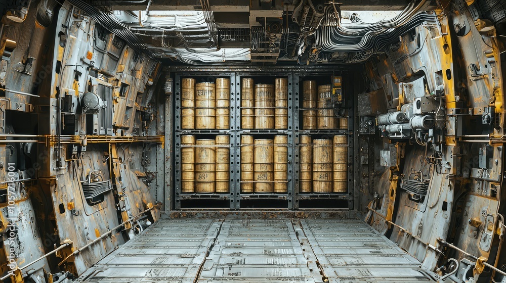 Cargo Hold of Ship Filled with Crates and Barrels