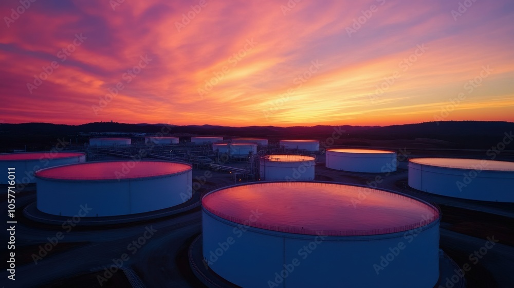 Aerial View of Oil Refinery at Sunset Aerial View of Oil Refinery at Sunset