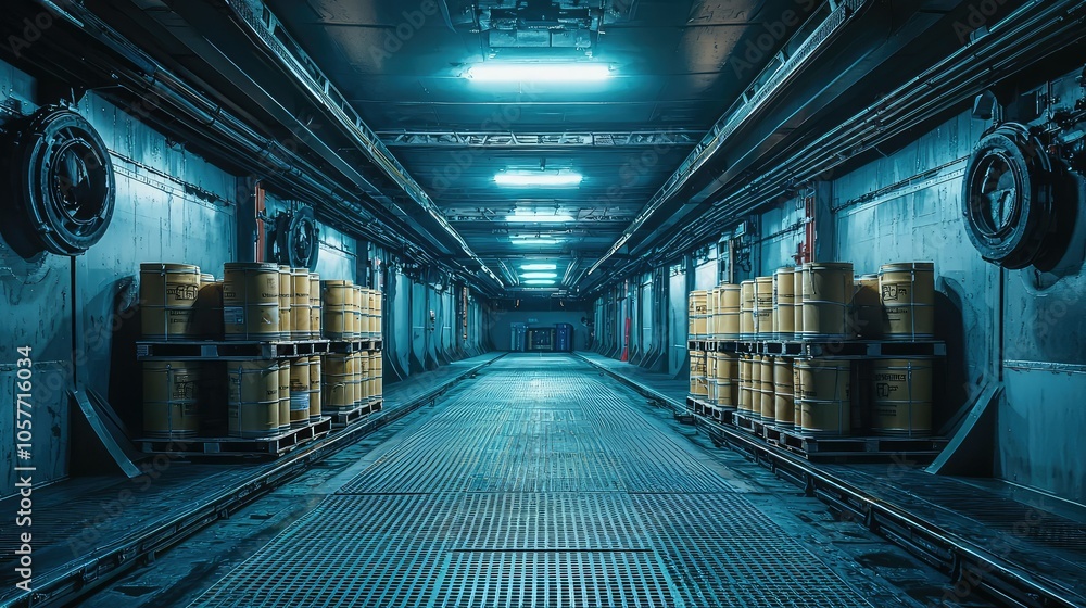 Obraz premium Ship Cargo Hold with Crates and Barrels