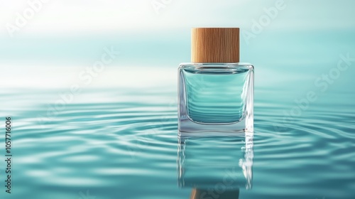 glass perfume bottle on turquoise water surface, concept of fresh aquatic unisex or men's fragrance photo