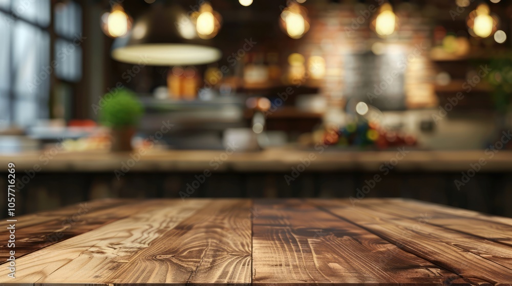Wooden table on blurred restaurant setting for product display or design layout with empty space. Wooden table on blurred restaurant setting for product display or design layout with empty space.