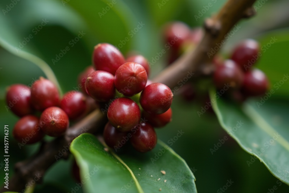 Close-up of ripe red coffee cherries on branch with lush green leaves. Close-up of ripe red coffee cherries on branch with lush green leaves.