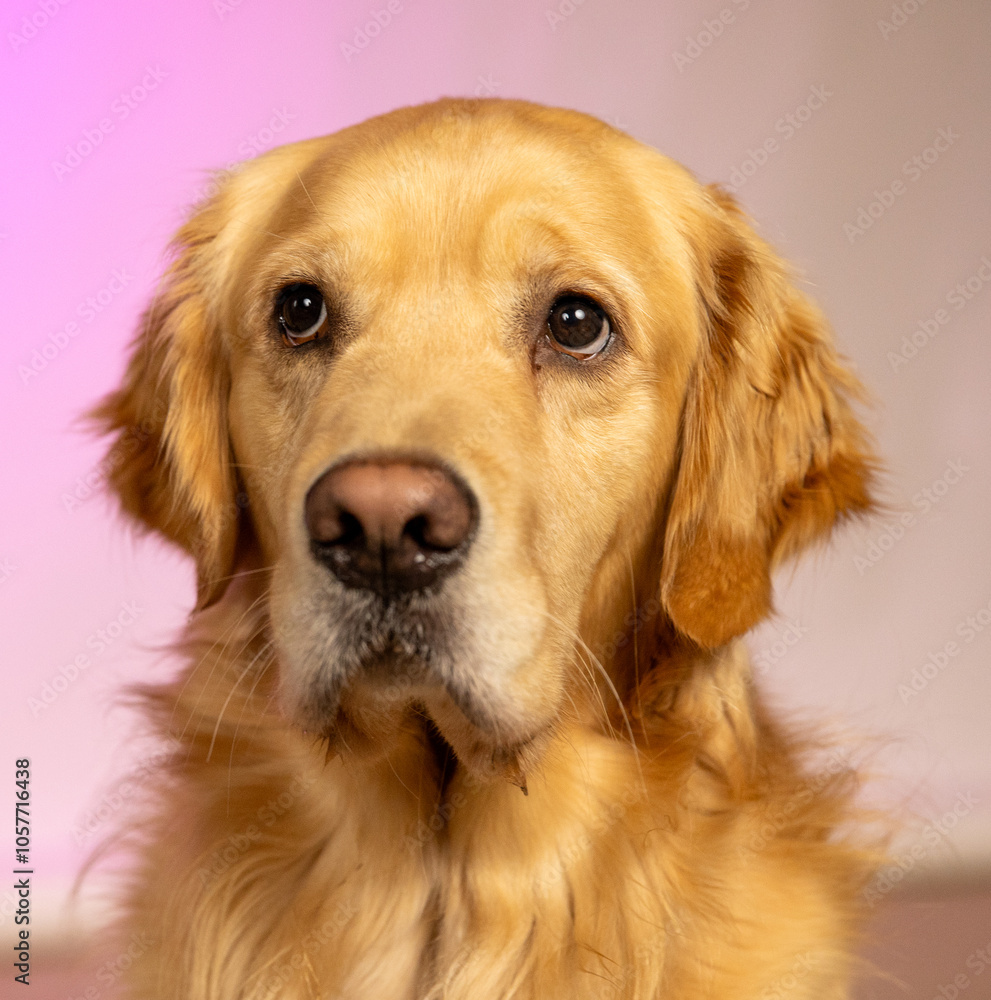 Golden retriever dog with sad eyes looking up and to the left. Portrait with pink background Golden retriever dog with sad eyes looking up and to the left. Portrait with pink background