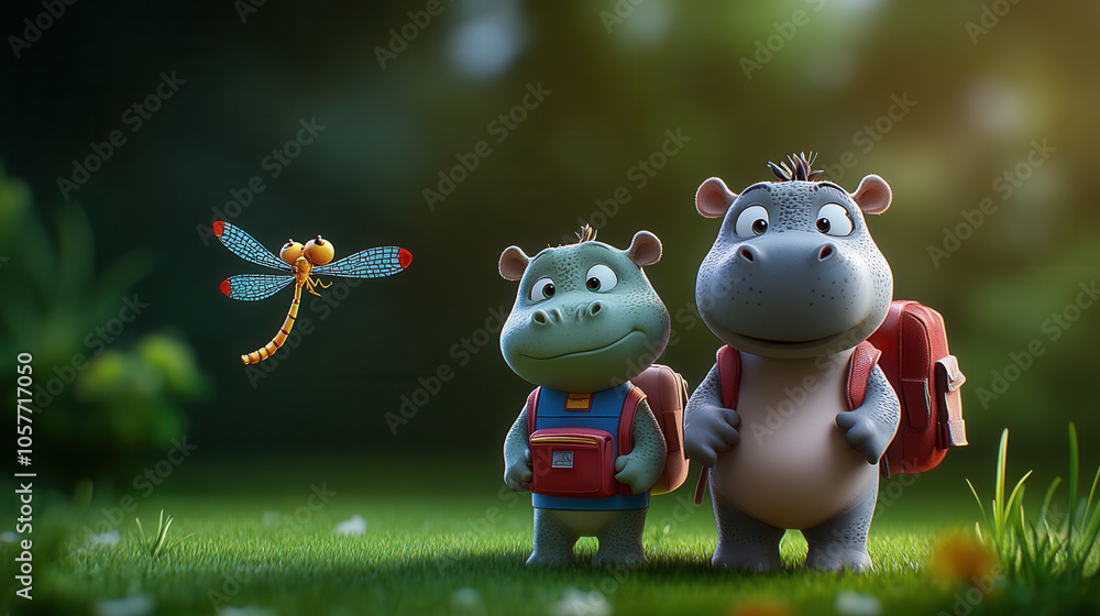 Fototapeta premium Cute cartoon hippos with backpacks in lush green setting