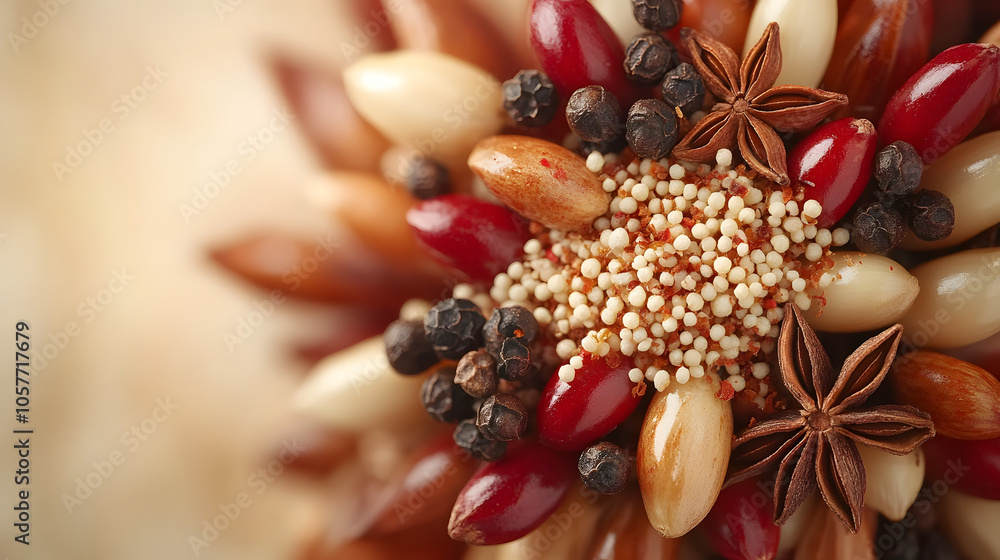Artistic Top-Down Display of Whole Sichuan Peppercorns and Crushed Pepper with an Elegant Dish of Star Anise Artistic Top-Down Display of Whole Sichuan Peppercorns and Crushed Pepper with an Elegant Dish of Star Anise