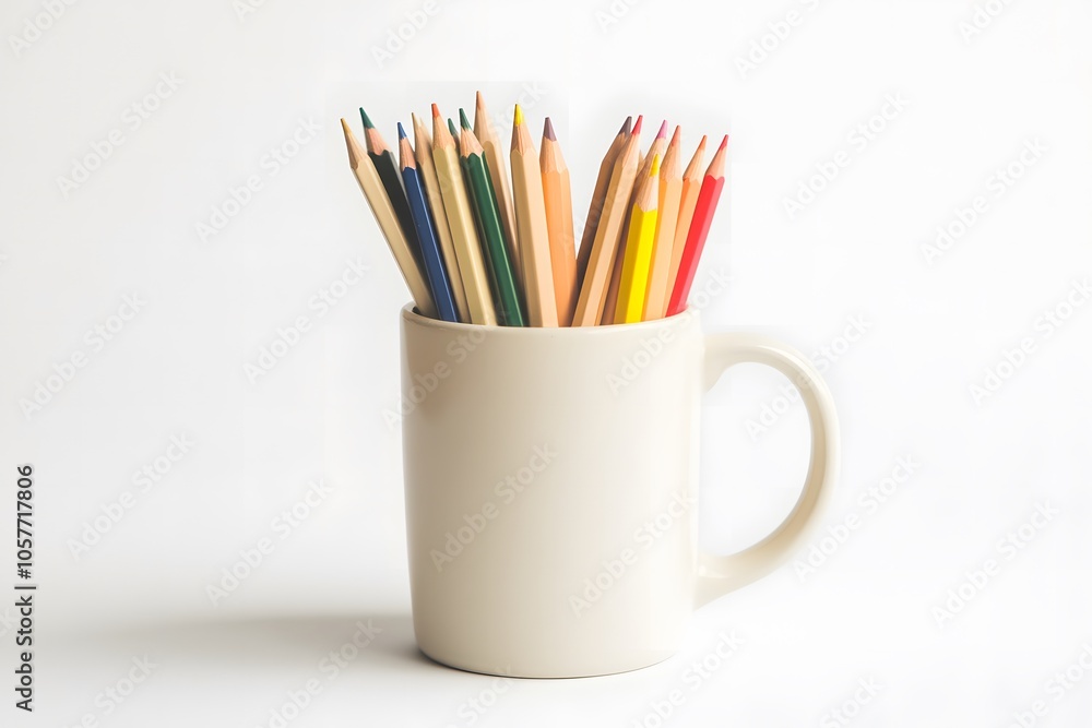 Minimalist Workspace: White Ceramic Mug with Neutral Pencils Minimalist Workspace: White Ceramic Mug with Neutral Pencils