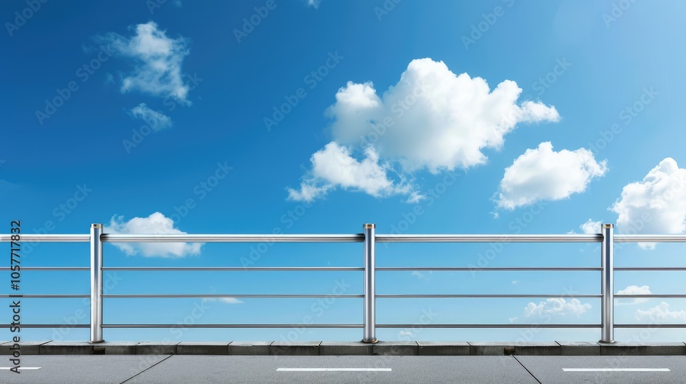 Blue sky background with roadside railing. Blue sky background with roadside railing.