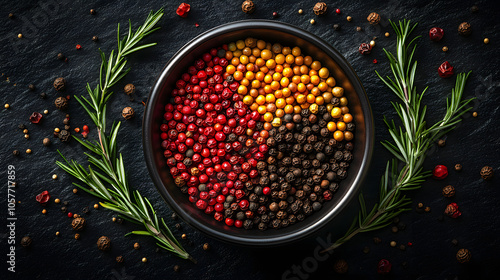 Vibrant Array of Colorful Cubeb Peppercorns and Ground Spice Encased in a Bowl with Rosemary Accents for a Culinary Showcase photo