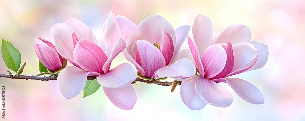 Serene magnolia flowers blossoming with gentle pink petals, glowing sunlight, soft-focus background, capturing peaceful springtime essence Serene magnolia flowers blossoming with gentle pink petals, glowing sunlight, soft-focus background, capturing peaceful springtime essence