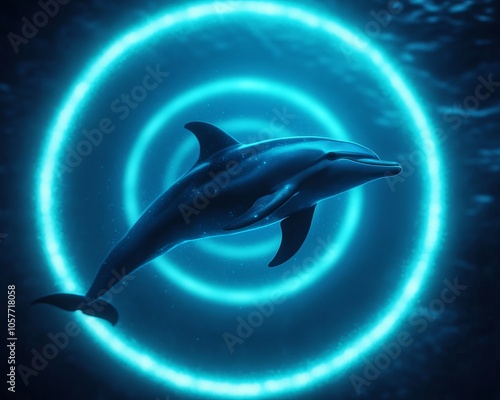 A dolphin swims through a glowing neon ring in the ocean. photo