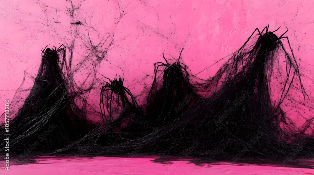 Obraz premium Black Spider Web on Pink Background, Abstract Image, Texture, Pattern Background, Wallpaper, Cover and Screen for Smartphone, PC, Laptop, 9:16 and 16:9 Format
