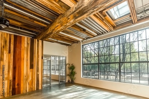 Modern Minimalistic Concrete Coworking Office room with Blank Walls, High Ceilings,and Mockup Frame