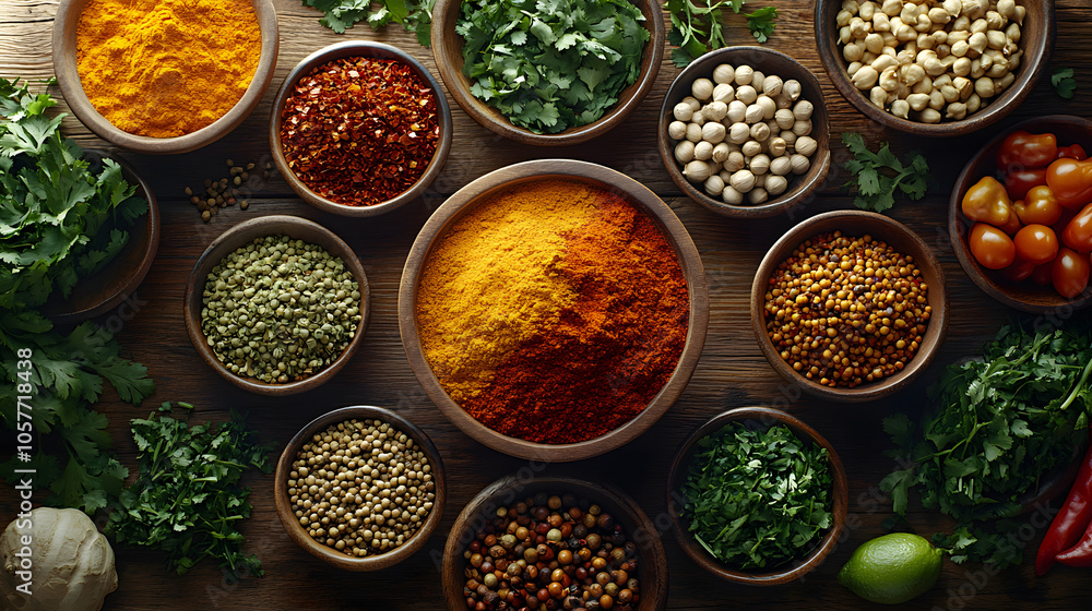A vibrant array of flavorful spices and fresh herbs elegantly arranged on a rustic wooden table, celebrating the essence of culinary art and natural ingredients. A vibrant array of flavorful spices and fresh herbs elegantly arranged on a rustic wooden table, celebrating the essence of culinary art and natural ingredients.