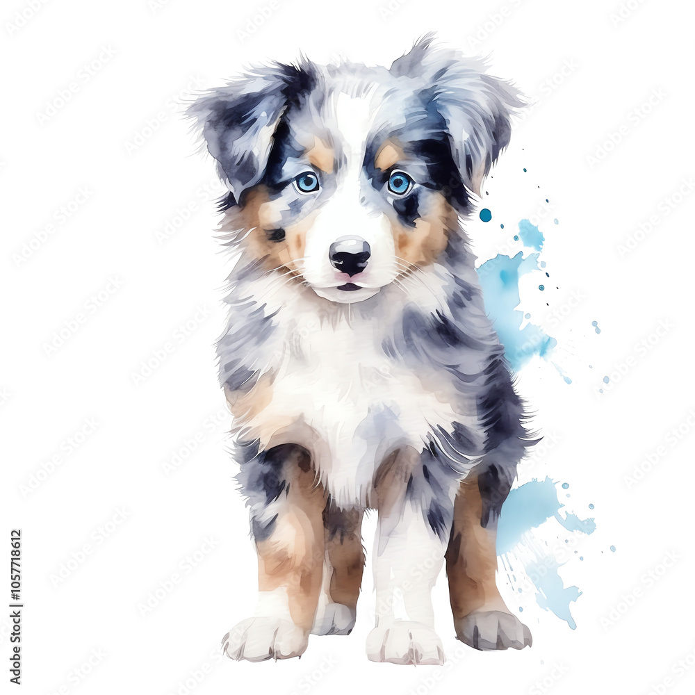 watercolor Australian shepherd on a isolated background, dog illustration, blue merle color, transparent png watercolor Australian shepherd on a isolated background, dog illustration, blue merle color, transparent png