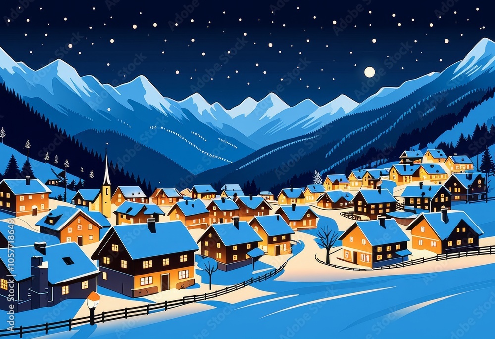 Naklejka premium Peaceful winter village night with snow-covered houses and starry sky in mountain landscape