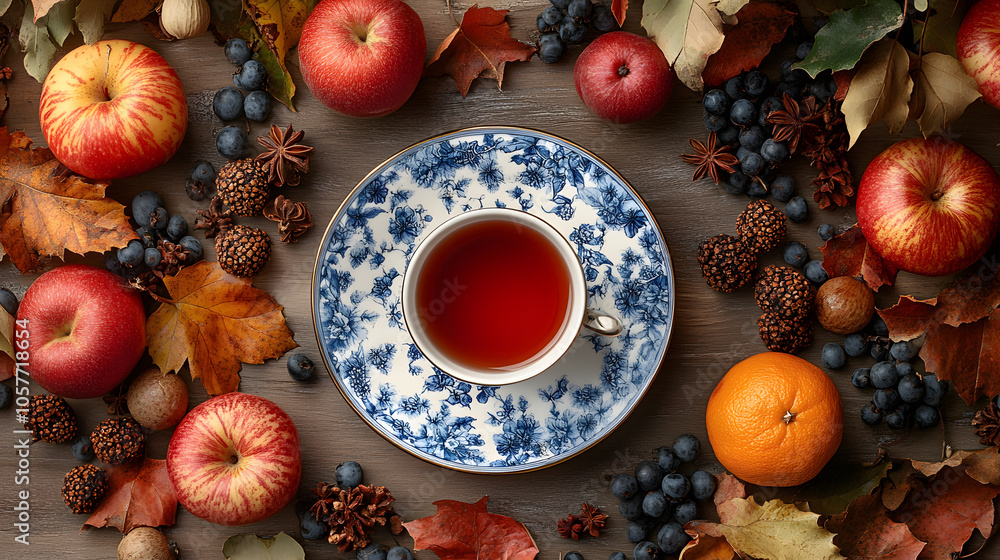 An Inviting Aerial View of Clove Powder and Petals with a Warm Cup of Spiced Tea Surrounded by Colorful Winter Fruits and Fragrant Herbs An Inviting Aerial View of Clove Powder and Petals with a Warm Cup of Spiced Tea Surrounded by Colorful Winter Fruits and Fragrant Herbs