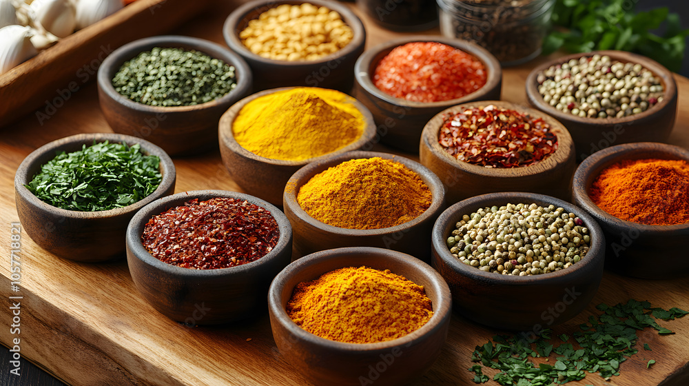 A vibrant array of flavorful spices and fresh herbs elegantly arranged on a rustic wooden table, celebrating the essence of culinary art and natural ingredients. A vibrant array of flavorful spices and fresh herbs elegantly arranged on a rustic wooden table, celebrating the essence of culinary art and natural ingredients.