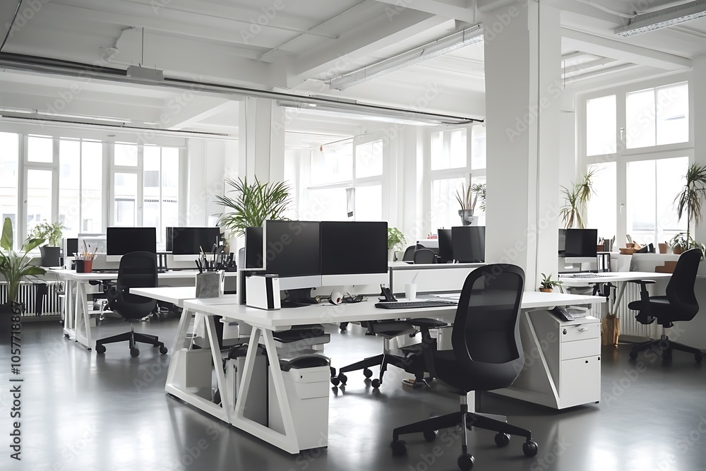 Modern Minimalistic Concrete Coworking Office room with Blank Walls, High Ceilings,and Mockup Frame Modern Minimalistic Concrete Coworking Office room with Blank Walls, High Ceilings,and Mockup Frame