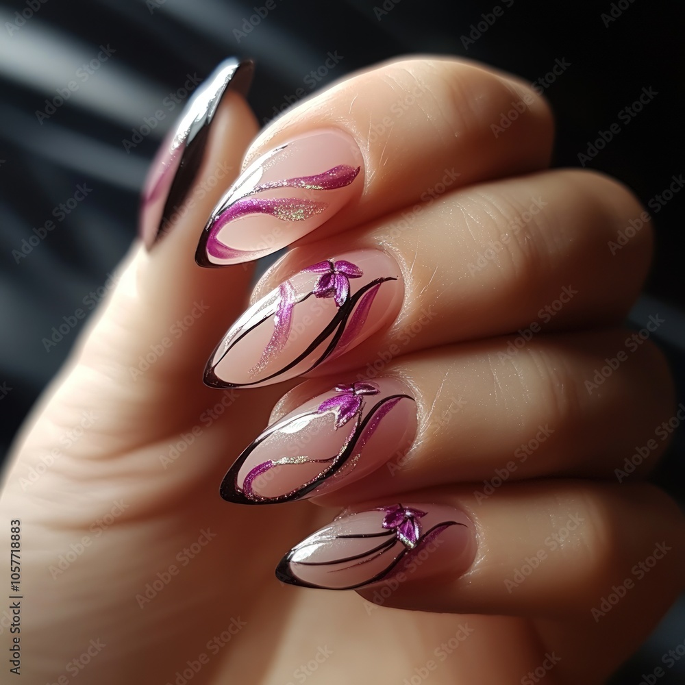 Close-up of a hand with long, almond-shaped nails painted with a black and white ombre design and pink flowers. Close-up of a hand with long, almond-shaped nails painted with a black and white ombre design and pink flowers.