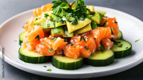 Close-up of a fresh salmon tartare dish with avocados, cucumber slices, herbs, and sesame seeds on a white plate.